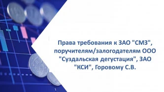 Права требования к  ООО «СССМ», с поручителями и залогодателями: Мощанским Валерием Васильевичем, Маниловым Владимиром Сергеевичем, ООО «ВООДОО» , ООО «МАСТЕР ГРУПП» и ООО «СВИРИ-2».